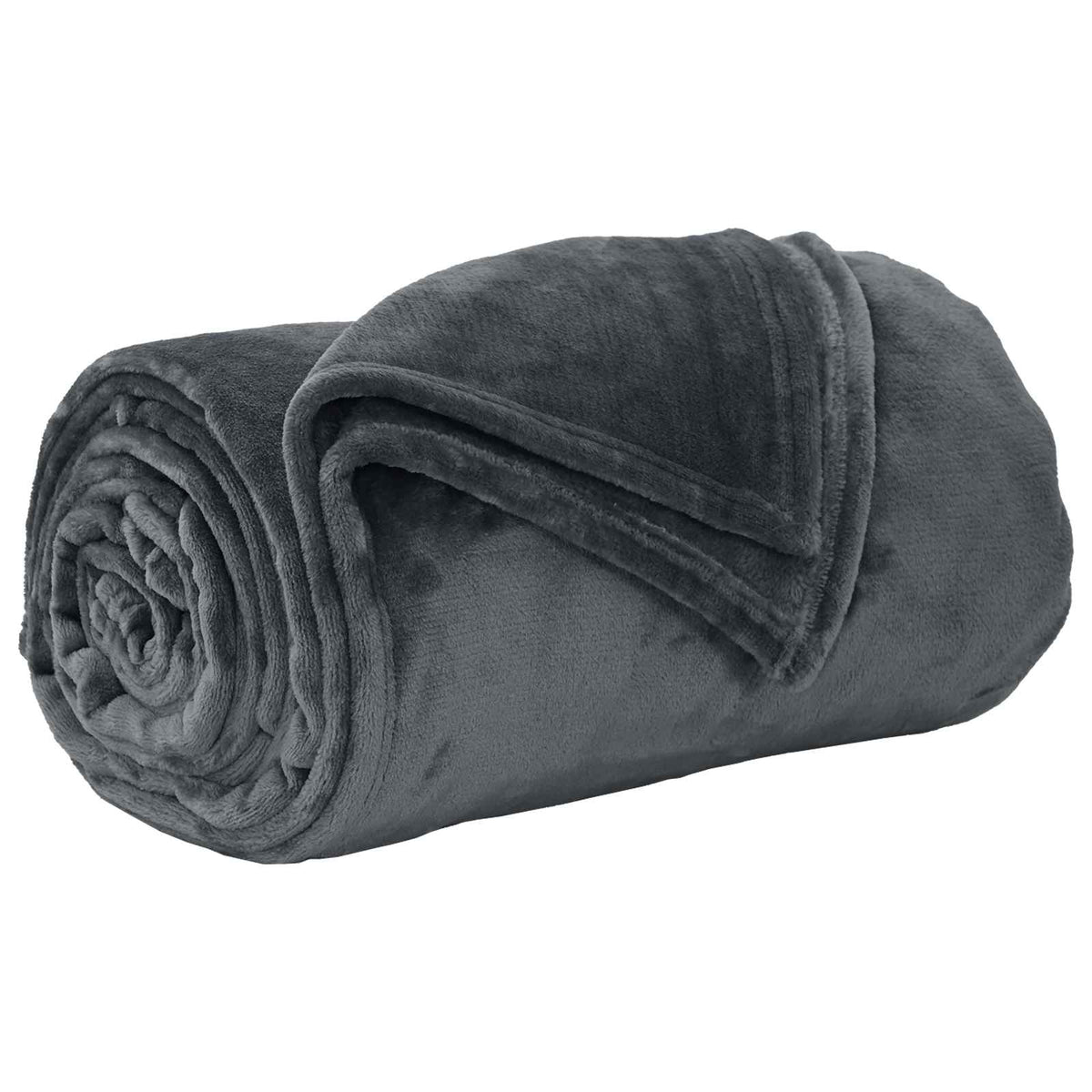 A single dark grey fleece blanket rolled up