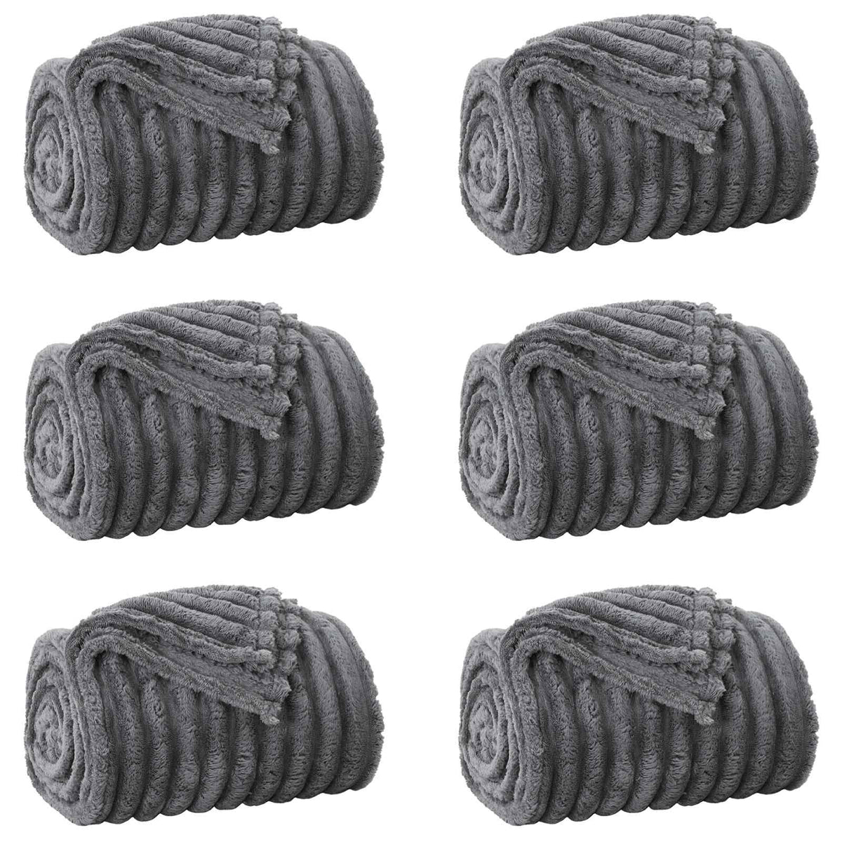 Six dark grey fleece blankets rolled up and placed side-by-side