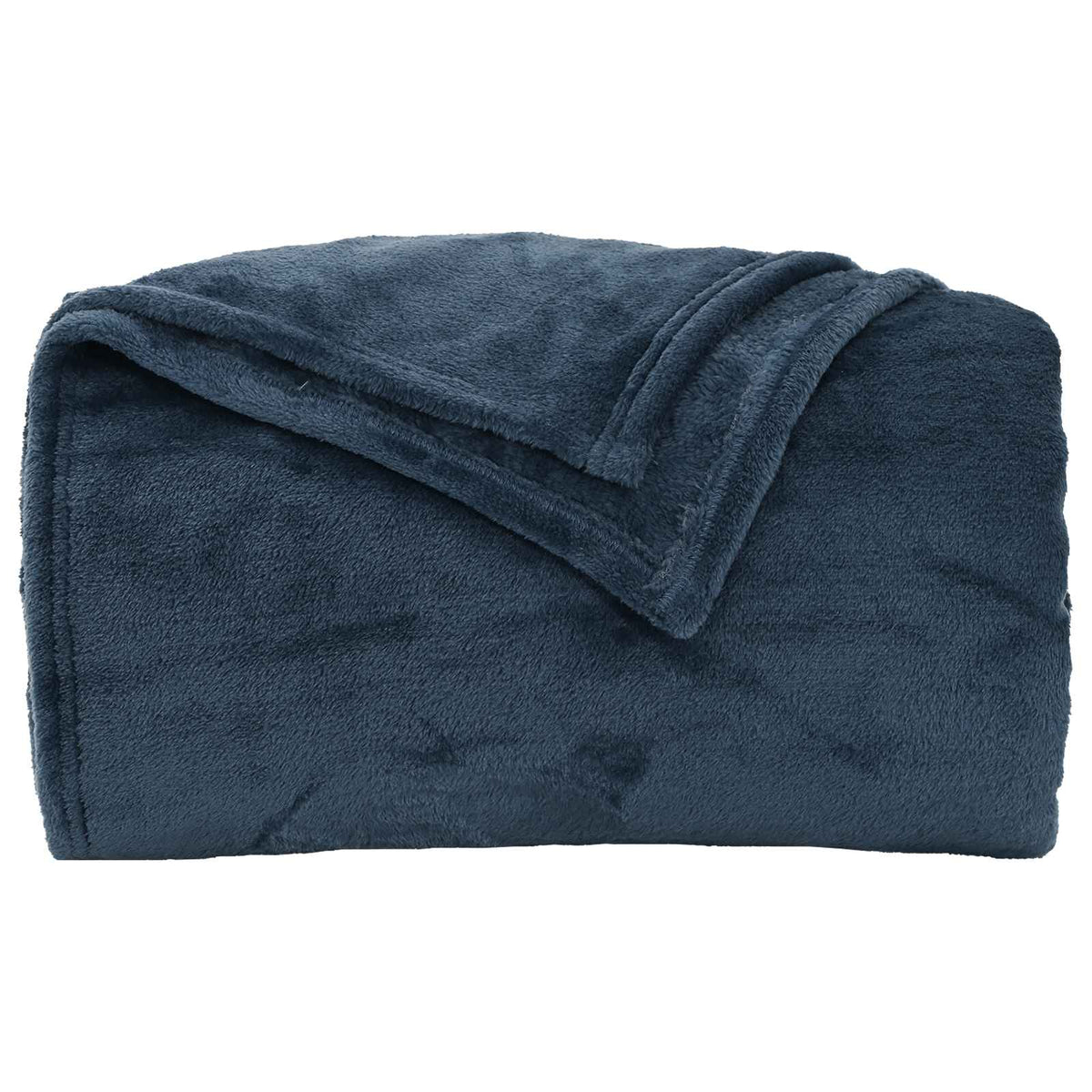 A navy blue fleece blanket folded neatly, showing its texture