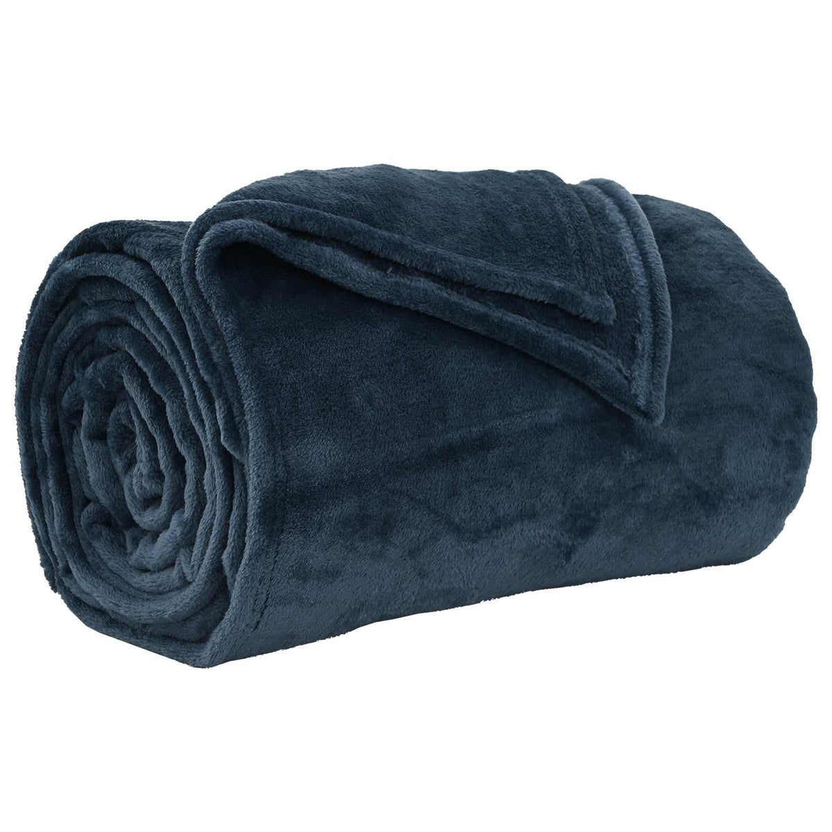 A single navy blue fleece blanket rolled up and lying on a flat surface