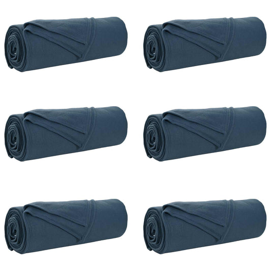 Six navy blue fleece blankets rolled up and arranged in two rows