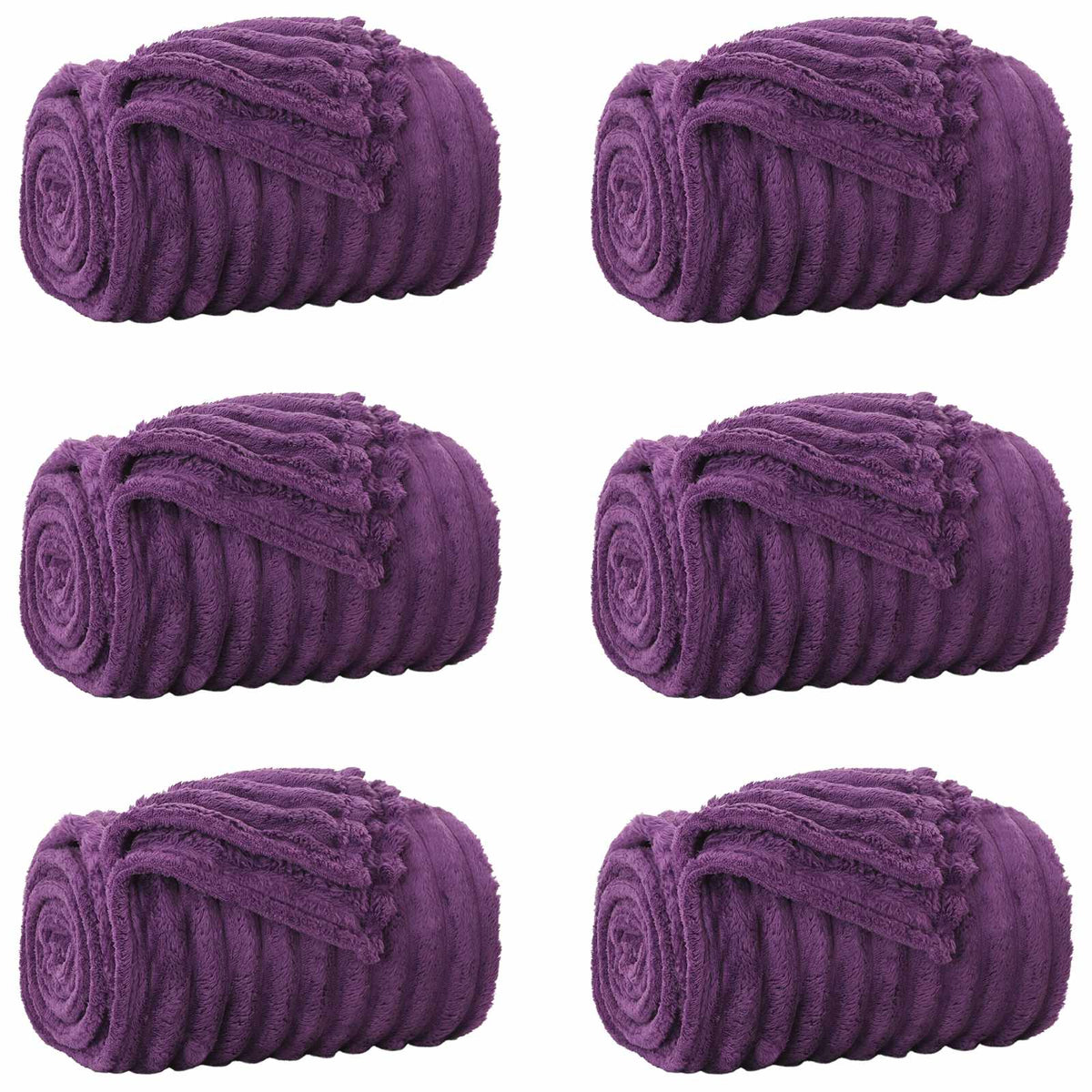 six rolled purple fleece blankets arranged in two rows