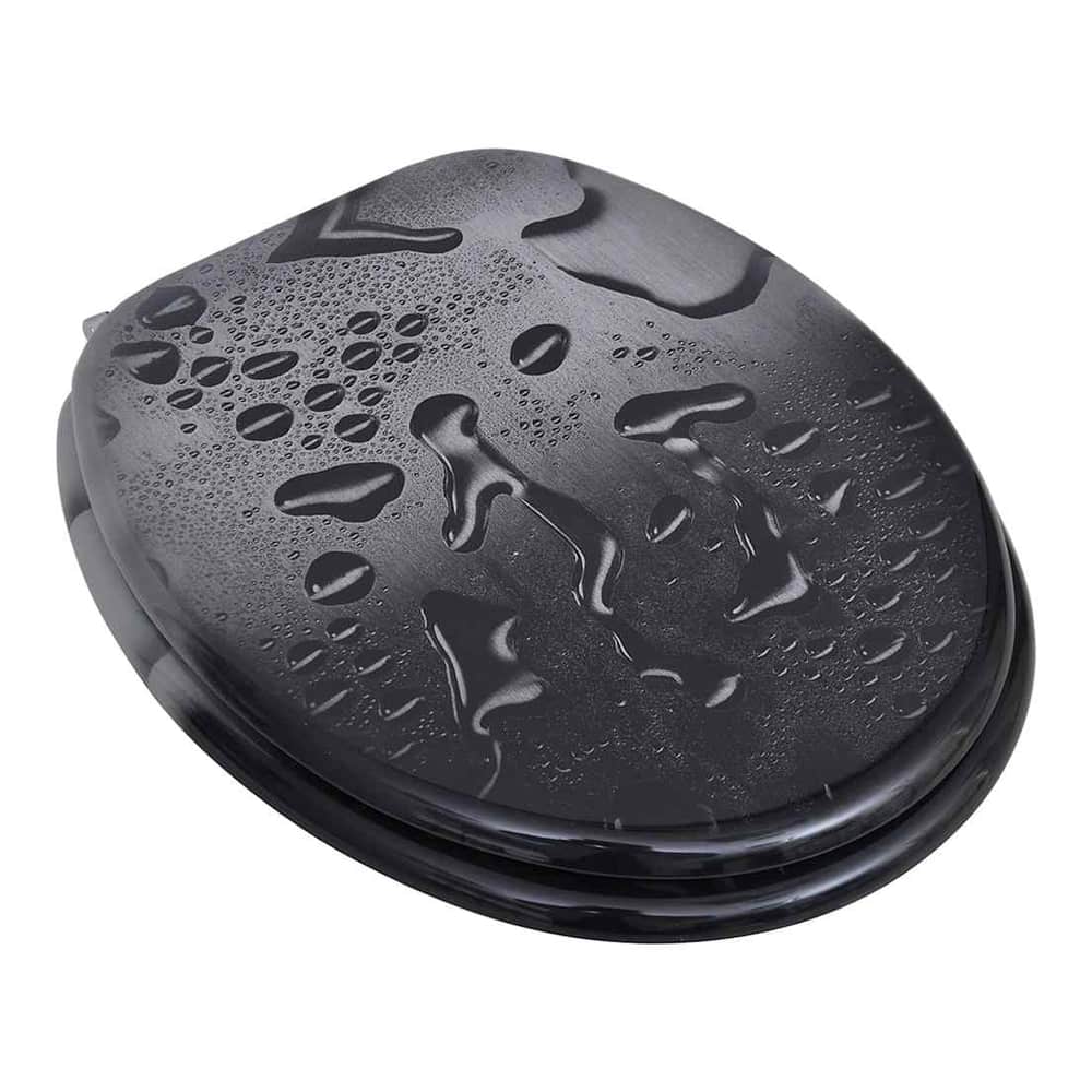 A closed toilet seat with a water droplet design