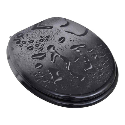 A closed toilet seat with a water droplet design