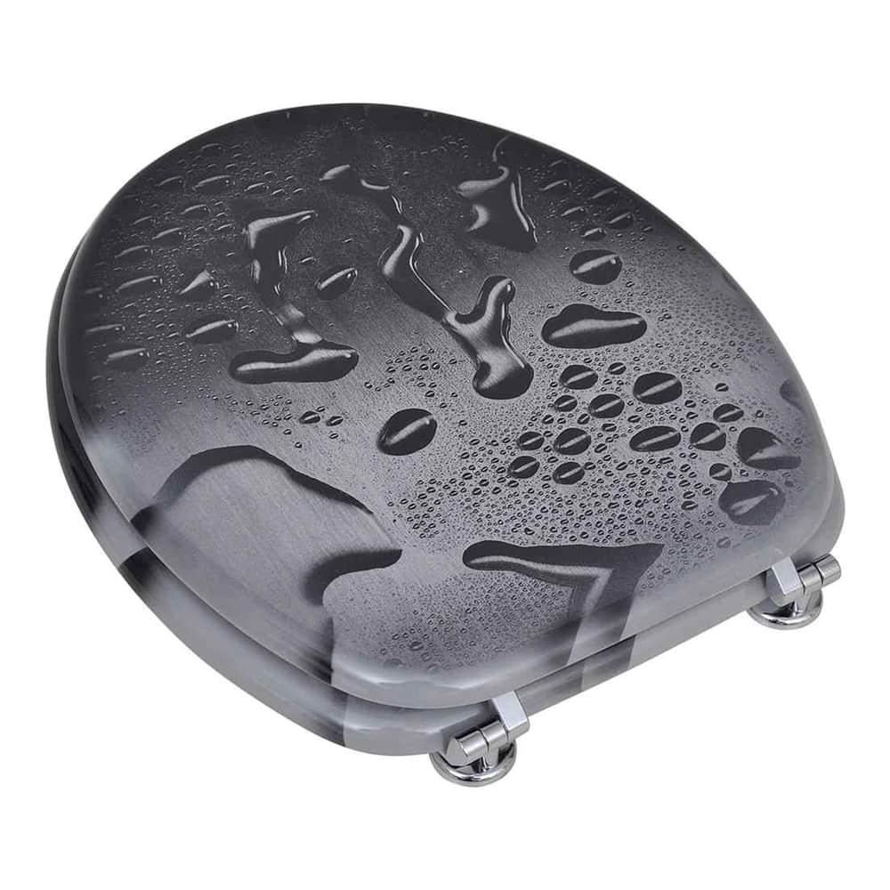 A toilet seat with a water droplet design and metal hinges