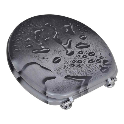 A toilet seat with a water droplet design and metal hinges