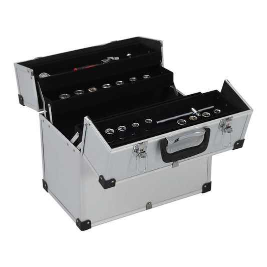 The open tool box showing multiple compartments and tools inside