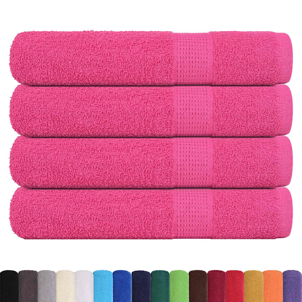 Four pink towels shown with a selection of other colours available