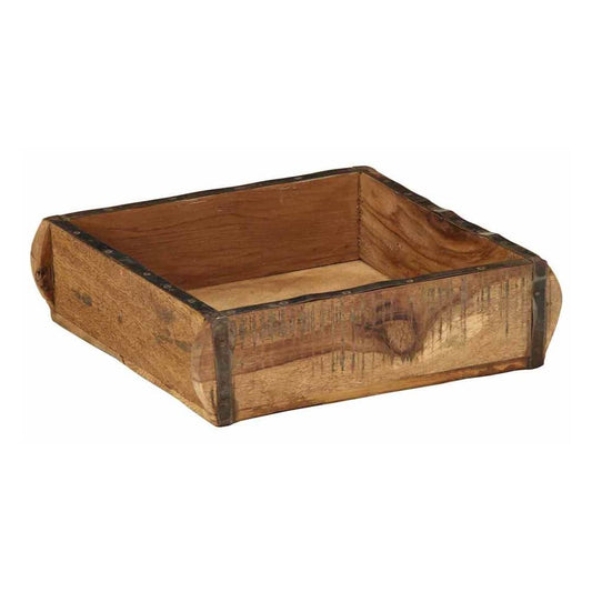 A single square wooden storage box with metal banding on the edges, showing the natural wood grain