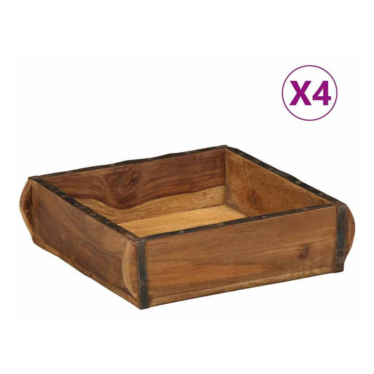 vidaXL Tray 4 pcs Brown Solid Reclaim Wood, a square wooden storage box with metal accents