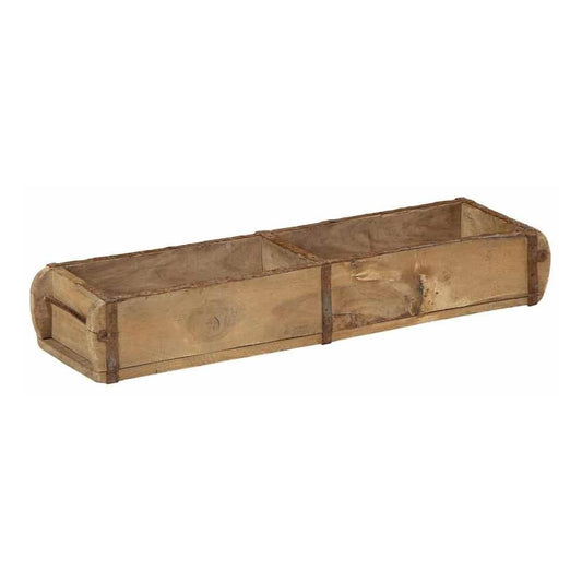 A single wooden tray with metal banding, showing its rustic reclaimed wood texture
