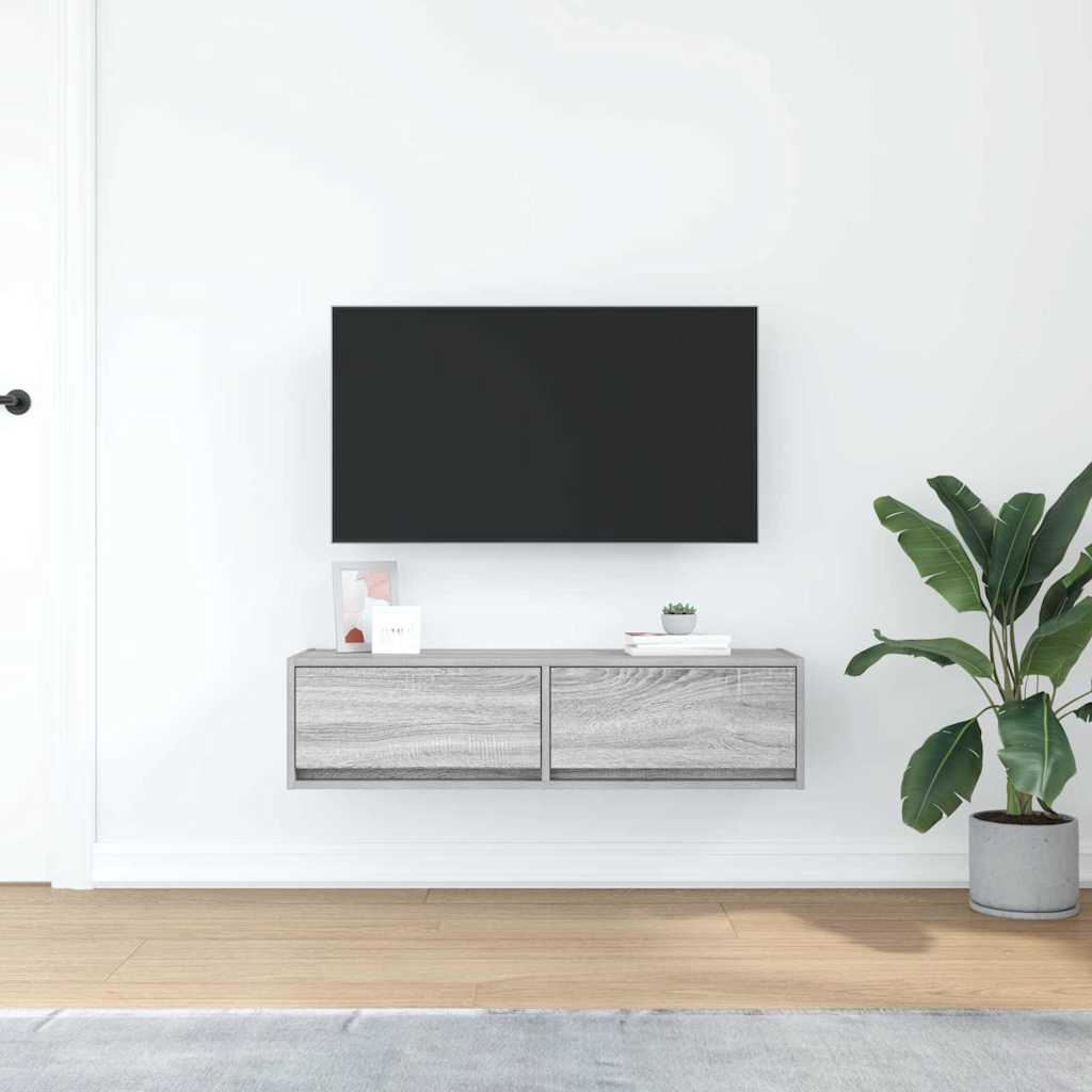 Grey sonoma engineered wood TV cabinet mounted on a wall in a living room