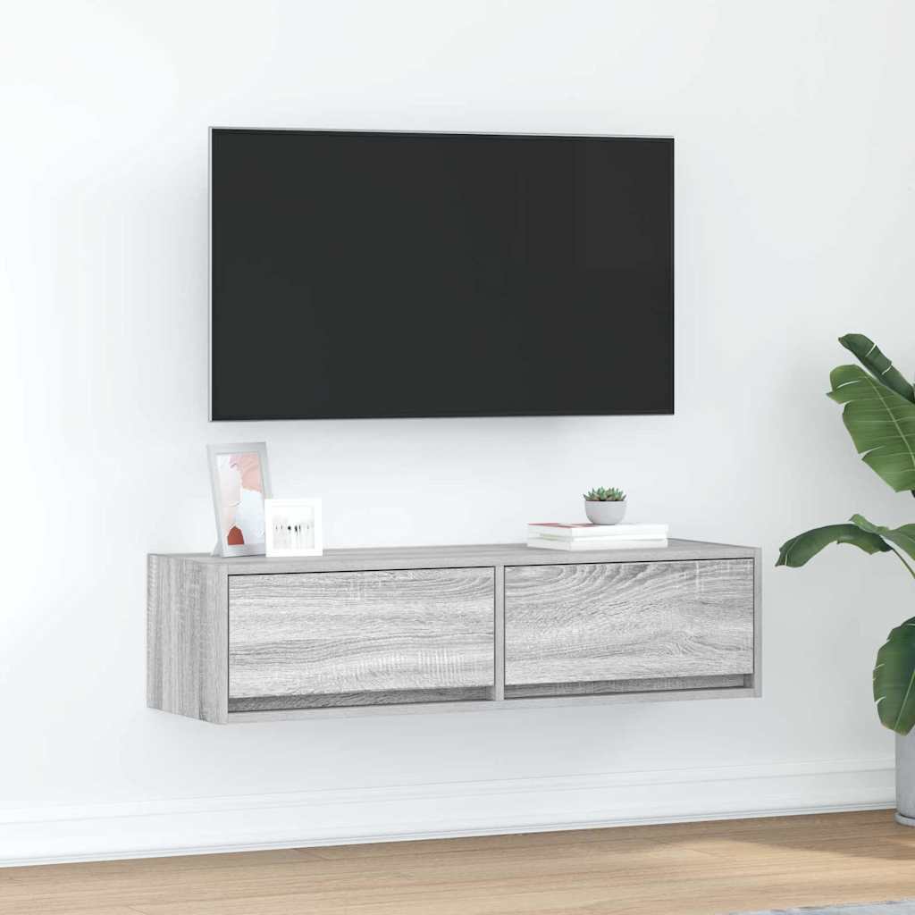 vidaXL TV Cabinet Grey sonoma Engineered wood mounted on a wall below a television