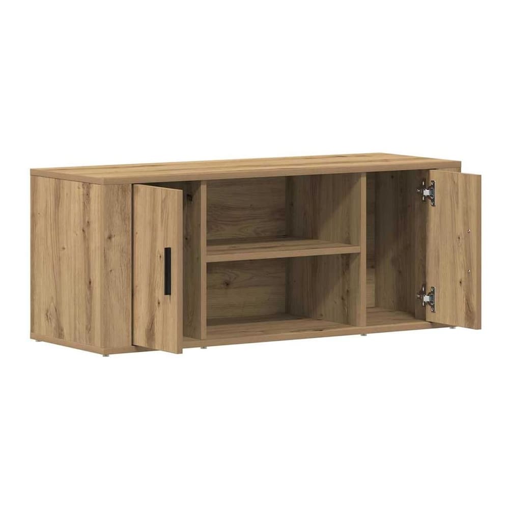 The TV cabinet with both doors open showing the shelves inside