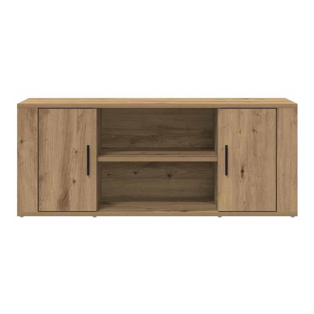 The TV cabinet with two doors and open shelves, front view