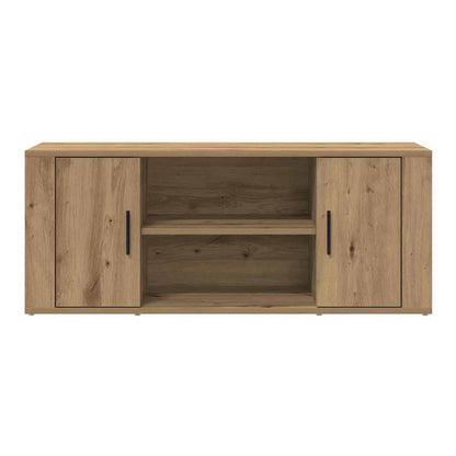 The TV cabinet with two doors and open shelves, front view