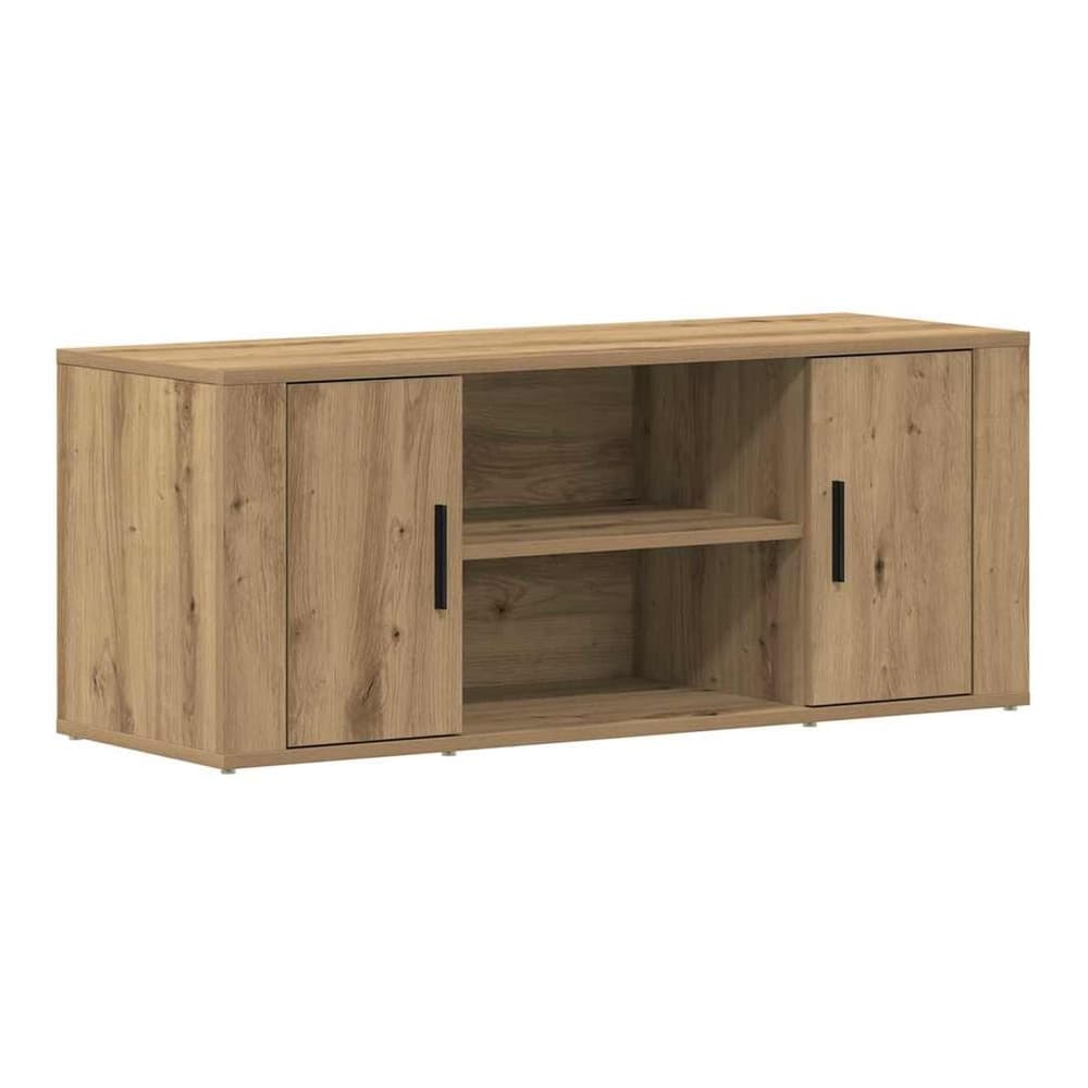 The TV cabinet with two doors and open shelves in an artisan oak finish