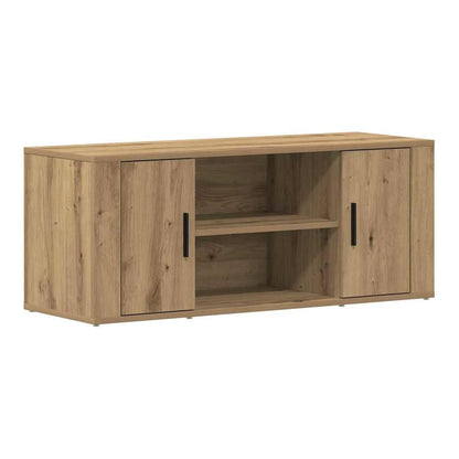The TV cabinet with two doors and open shelves in an artisan oak finish