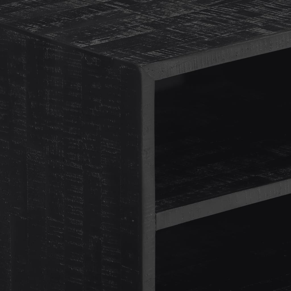 TV Cabinet Solid Reclaimed Teak, a close-up of the textured black finish on the corner and shelf of the tv stand