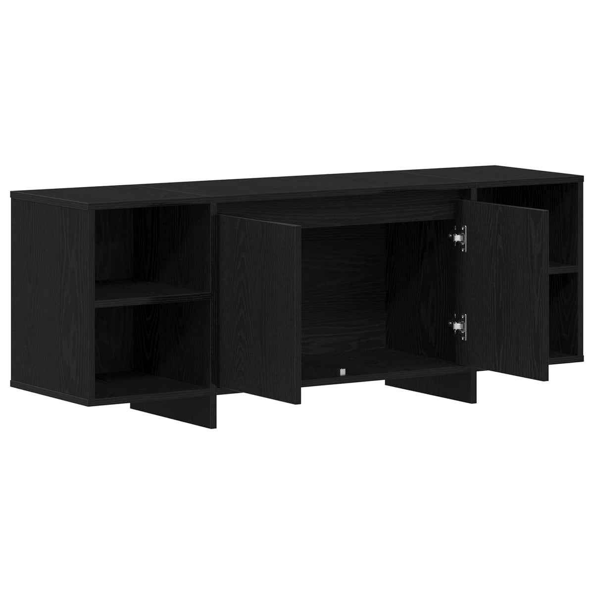 Black oak engineered wood TV cabinet with all doors open showing storage