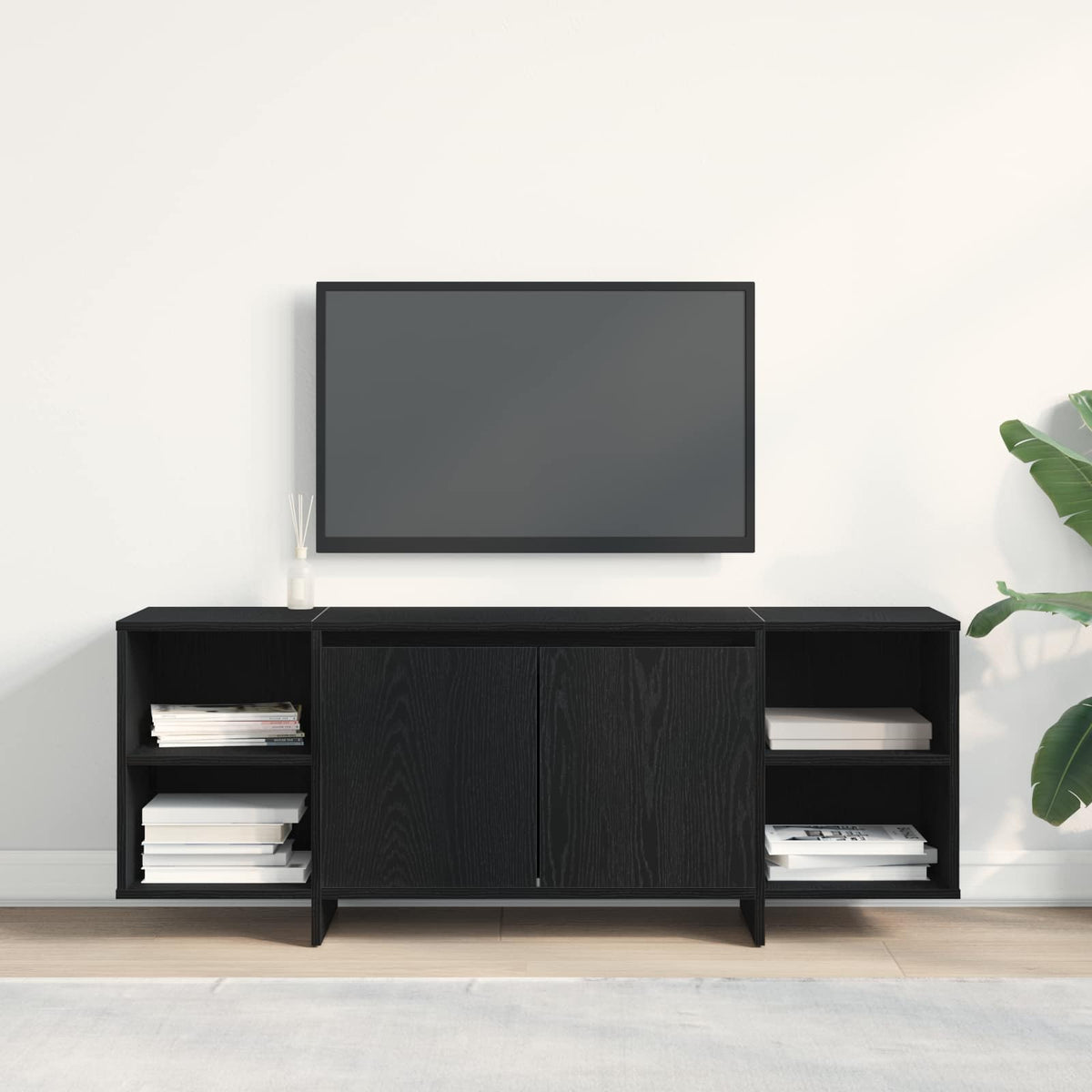 vidaXL TV Cabinet Black Oak Engineered Wood with a television above it