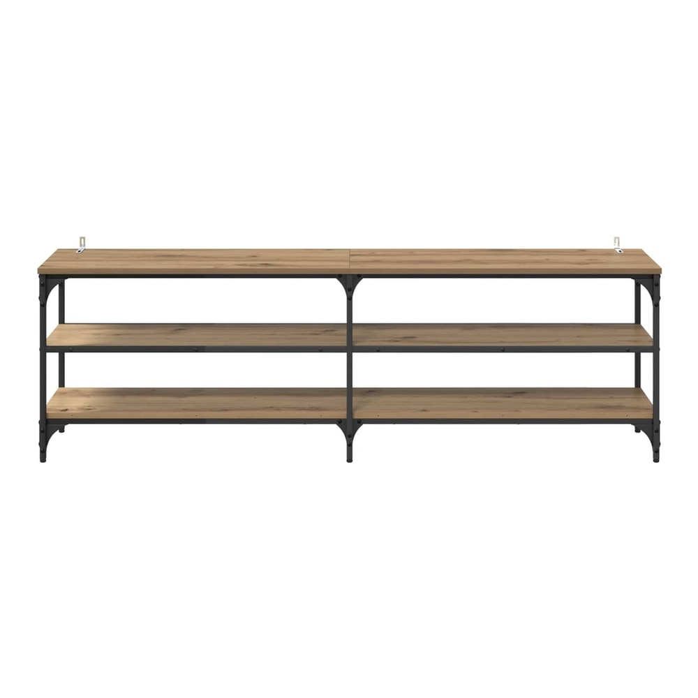 The TV cabinet with three shelves and a metal frame, viewed from the front
