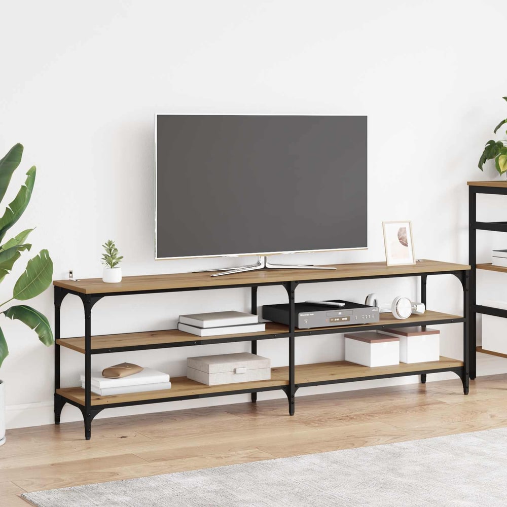 vidaXL TV Cabinet Artisan Oak with a TV and decorative items on shelves