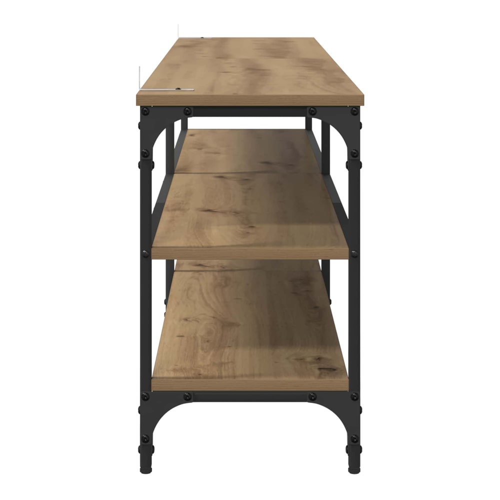 Side view of the three-shelf TV cabinet with artisan oak finish and metal frame