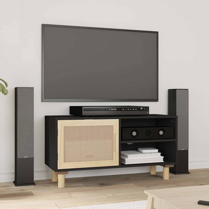 TV Cabinet 80x30x40 cm Solid Wood Pine and Natural Rattan Black