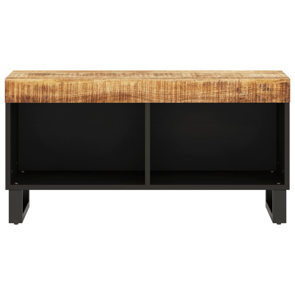 The media storage cabinet viewed directly from the front showing the wooden top and black frame