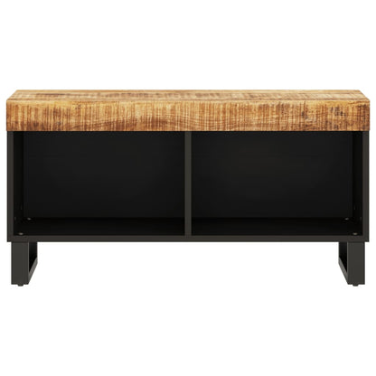 The media storage cabinet viewed directly from the front showing the wooden top and black frame