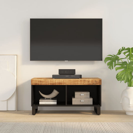 vidaXL TV Cabinet Solid Wood Mango placed in a modern living room below a wall mounted television