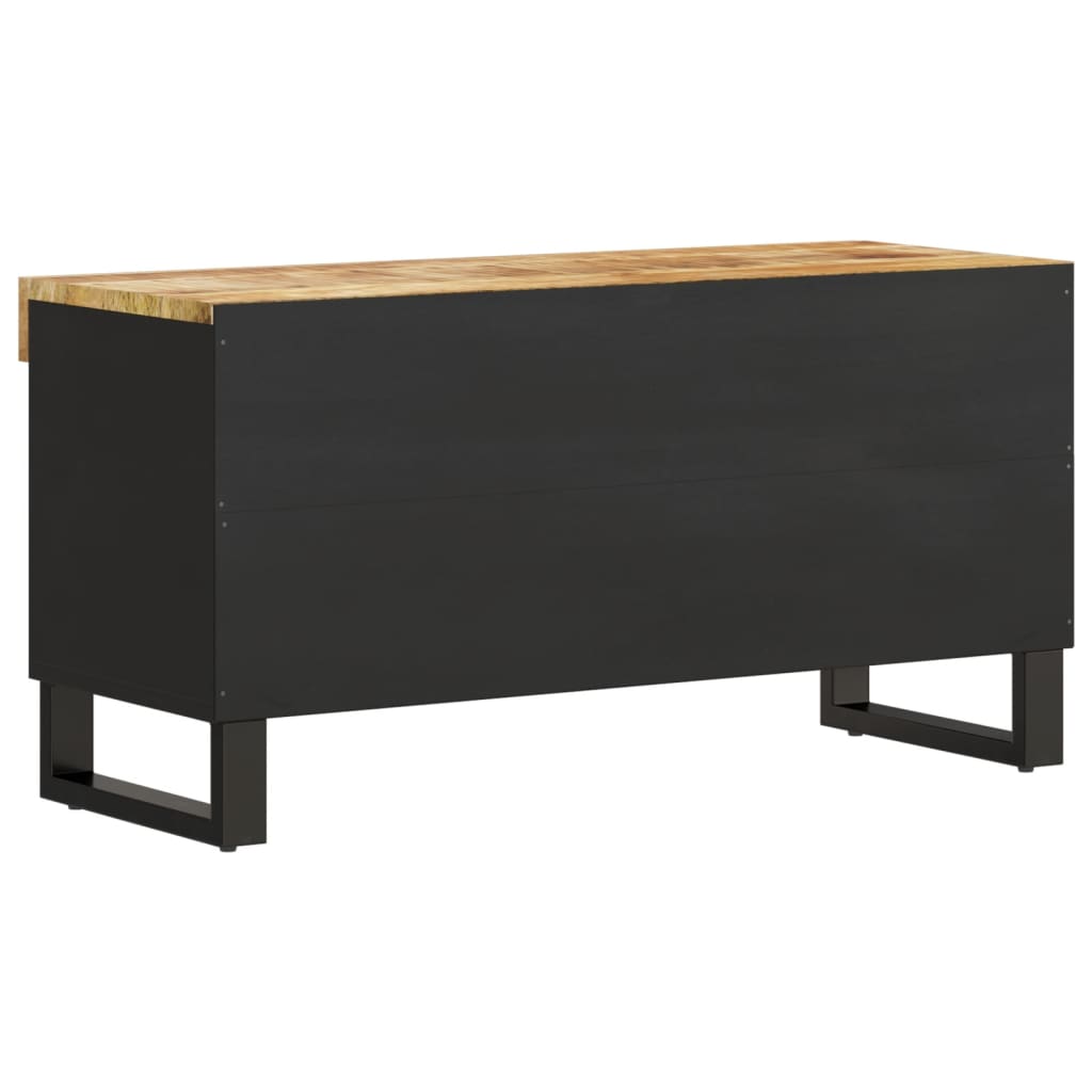 The media storage cabinet viewed from the rear showing the flat black back panel and metal base