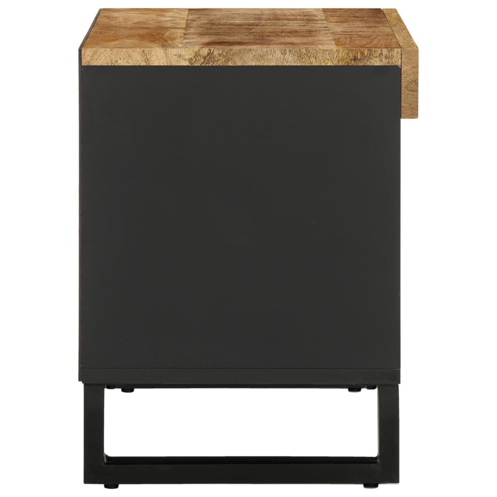 The media storage cabinet seen from the side revealing the solid wood top and black side panel