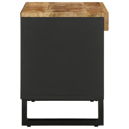 The media storage cabinet seen from the side revealing the solid wood top and black side panel