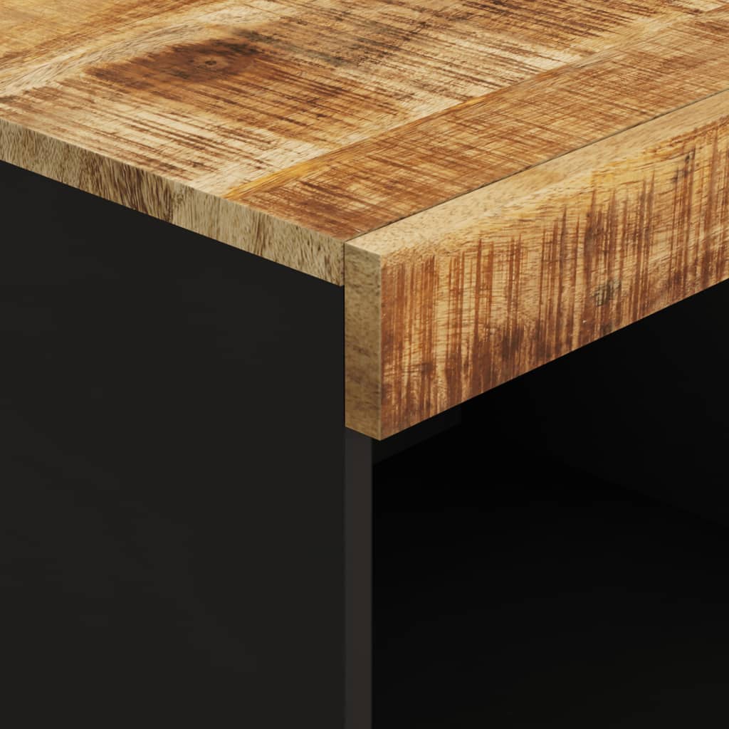 A close-up of the media storage cabinet showing the natural grain texture of the wooden surface