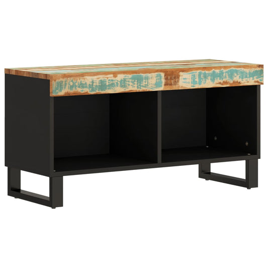The media storage cabinet with two open shelves and a reclaimed wood top