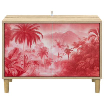 The TV cabinet shown directly from the front with its red palm tree patterned doors closed