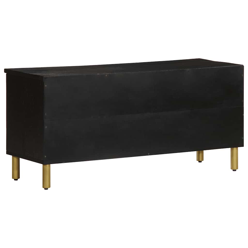 rear view of the black engineered wood media storage cabinet with gold legs