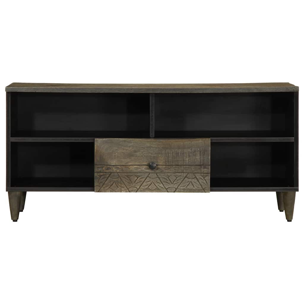 This black mango wood TV stand has a central drawer and open shelving on either side