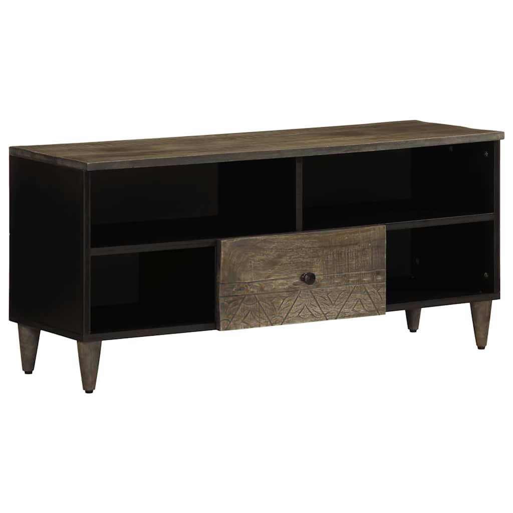 vidaXL TV Cabinet Black Solid Wood Mango, a low media unit with open shelves and a decorative drawer
