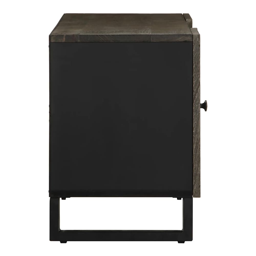 side view of the media storage cabinet with a black side panel and wooden door