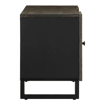side view of the media storage cabinet with a black side panel and wooden door