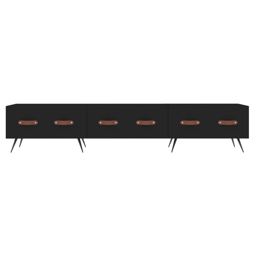 A black engineered wood TV cabinet with tapered legs
