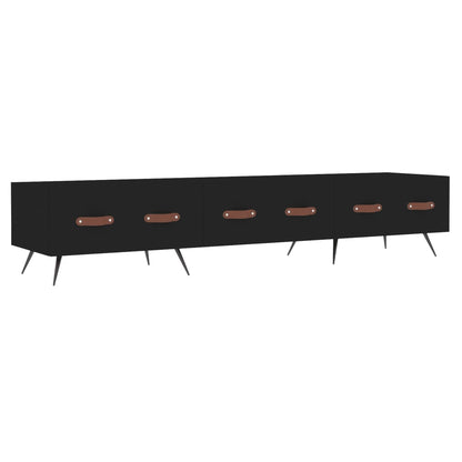 Black engineered wood TV stand with six drawers and brown handles
