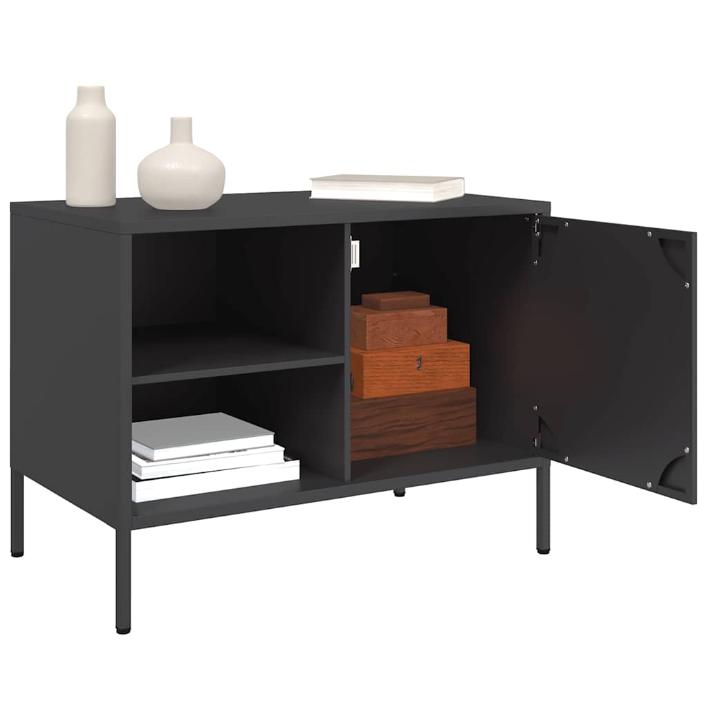 The cabinet door is open revealing storage boxes inside the cupboard section
