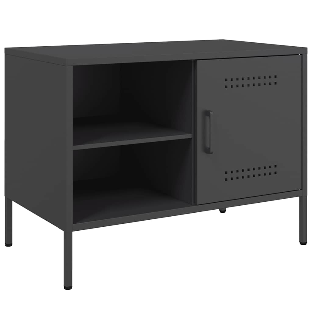 The black steel cabinet has two open shelves on the left and a cupboard with a perforated door on the right