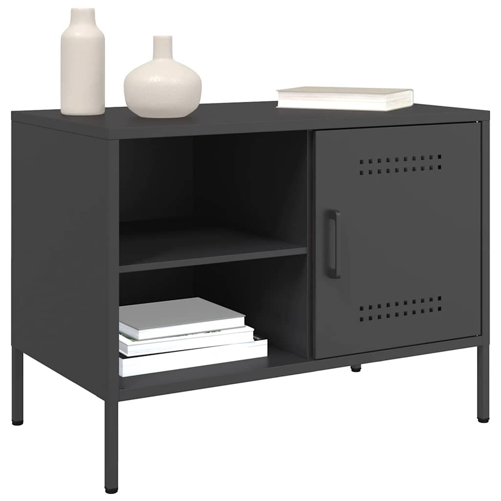 The black cabinet displays decorative vases and books on its shelves and top surface