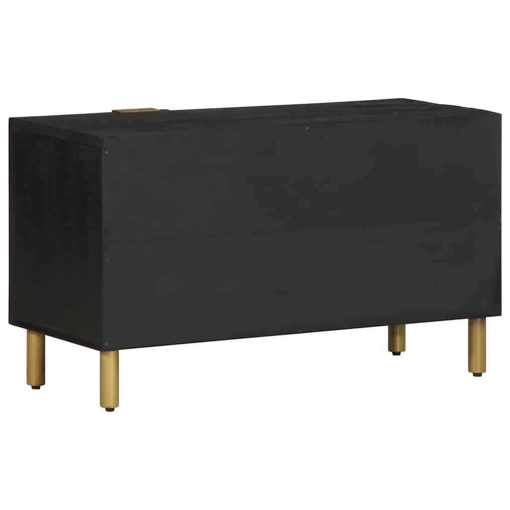 Rear view of the black engineered wood media storage cabinet with gold legs