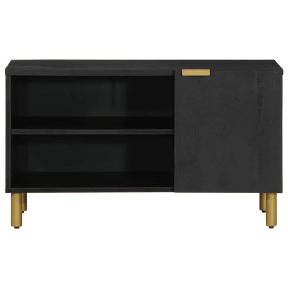 Black engineered wood media storage cabinet with gold legs and handle